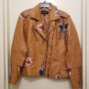 Floral Embroided Faux Leather Jacket